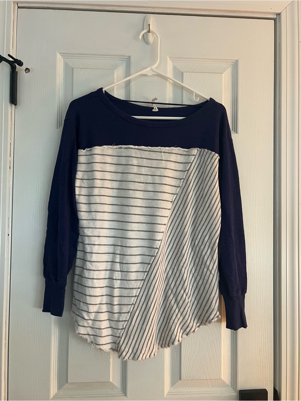 Anthropologie Navy and White Striped Panel Long Sleeve Top